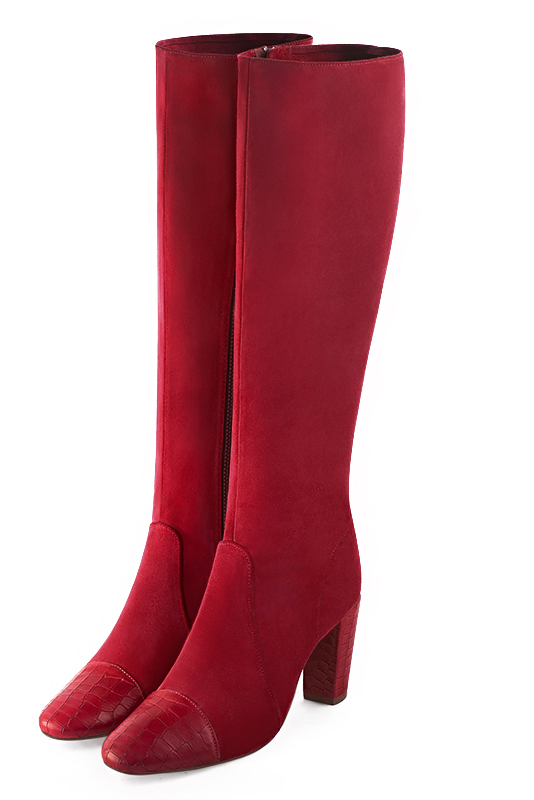 Cardinal red women's feminine knee-high boots. Round toe. High block heels. Made to measure. Front view - Florence KOOIJMAN